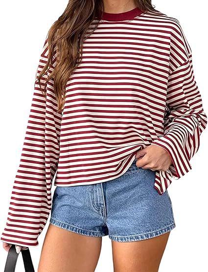 Striped Oversized Long Sleeve Tee - Red