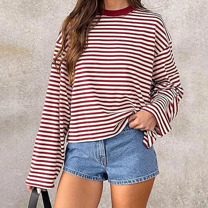 Striped Oversized Long Sleeve Tee - Red - 1