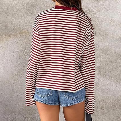 Striped Oversized Long Sleeve Tee - Red - 2