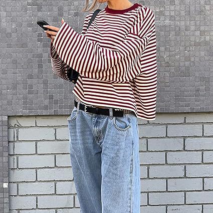 Striped Oversized Long Sleeve Tee - Red - 3