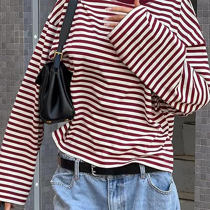 Striped Oversized Long Sleeve Tee - Red - 4