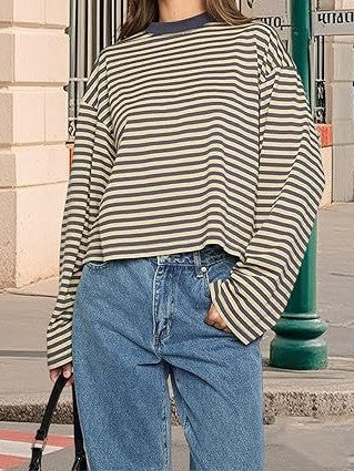 Striped Oversized Long Sleeve Tee - Yellow - 1