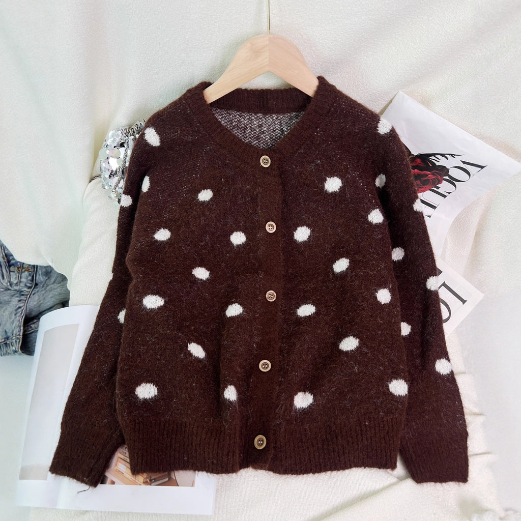 Polka Dot Button Down Knit Cardigan - Brown