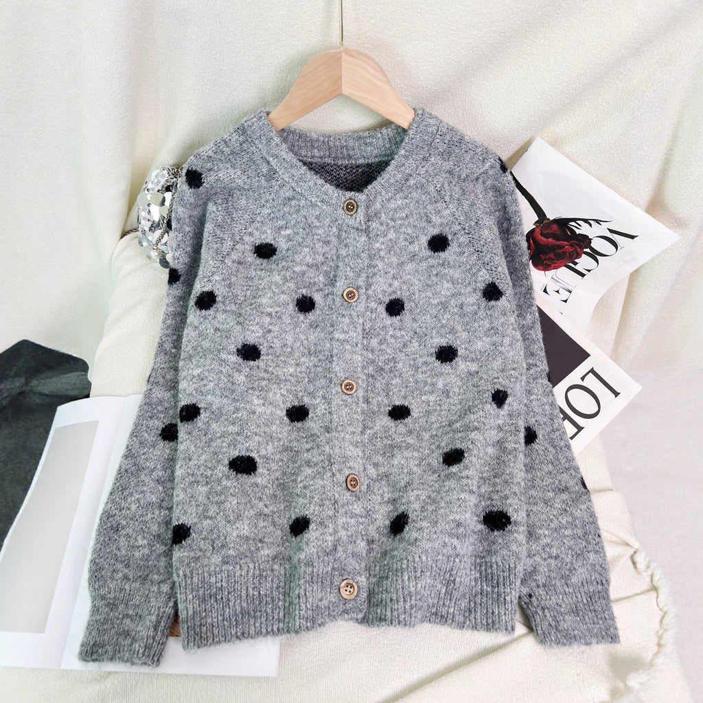 Polka Dot Button Down Knit Cardigan - Grey