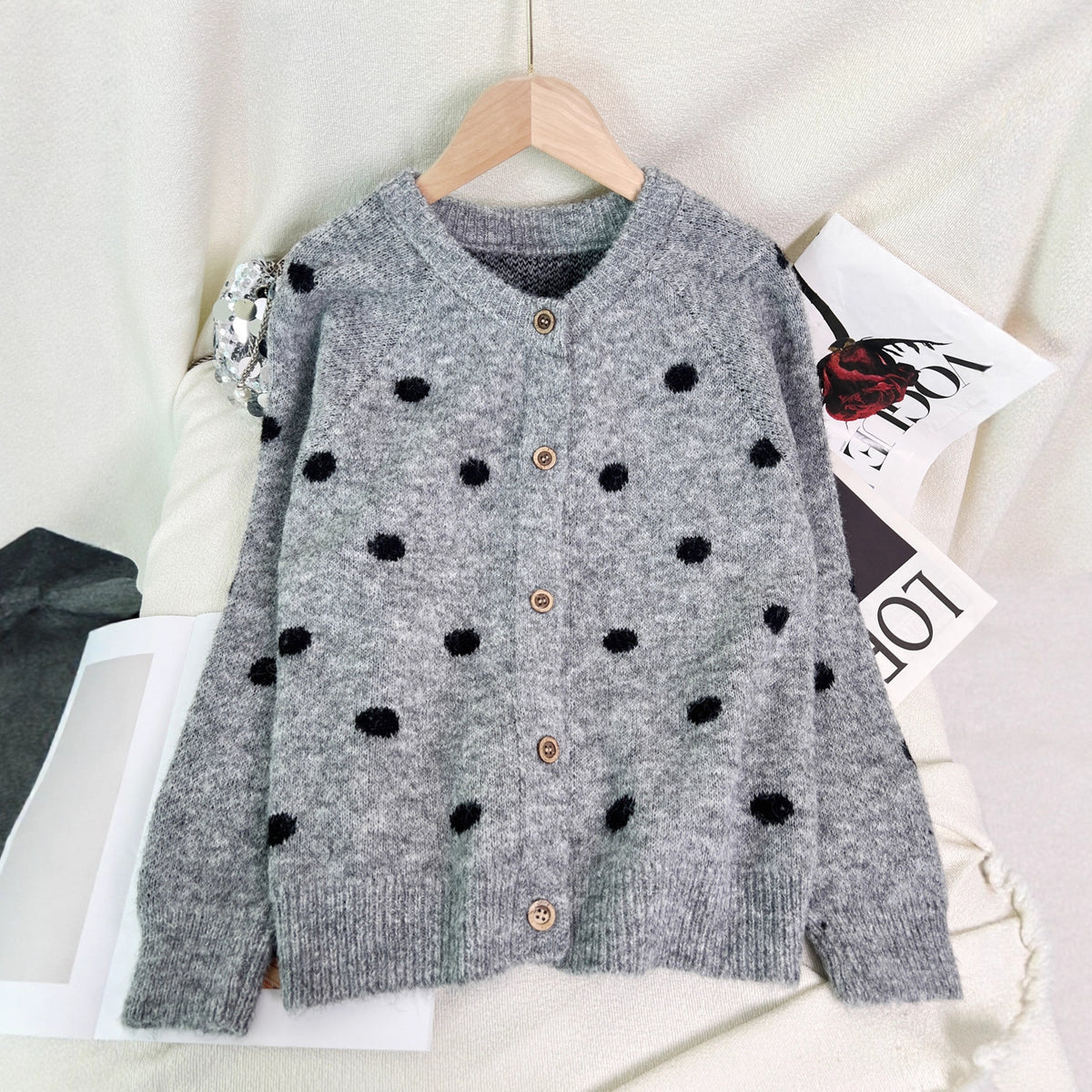 Polka Dot Button Down Knit Cardigan - Grey