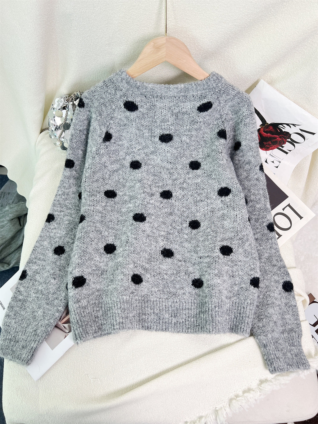 Polka Dot Button Down Knit Cardigan - Grey - 1