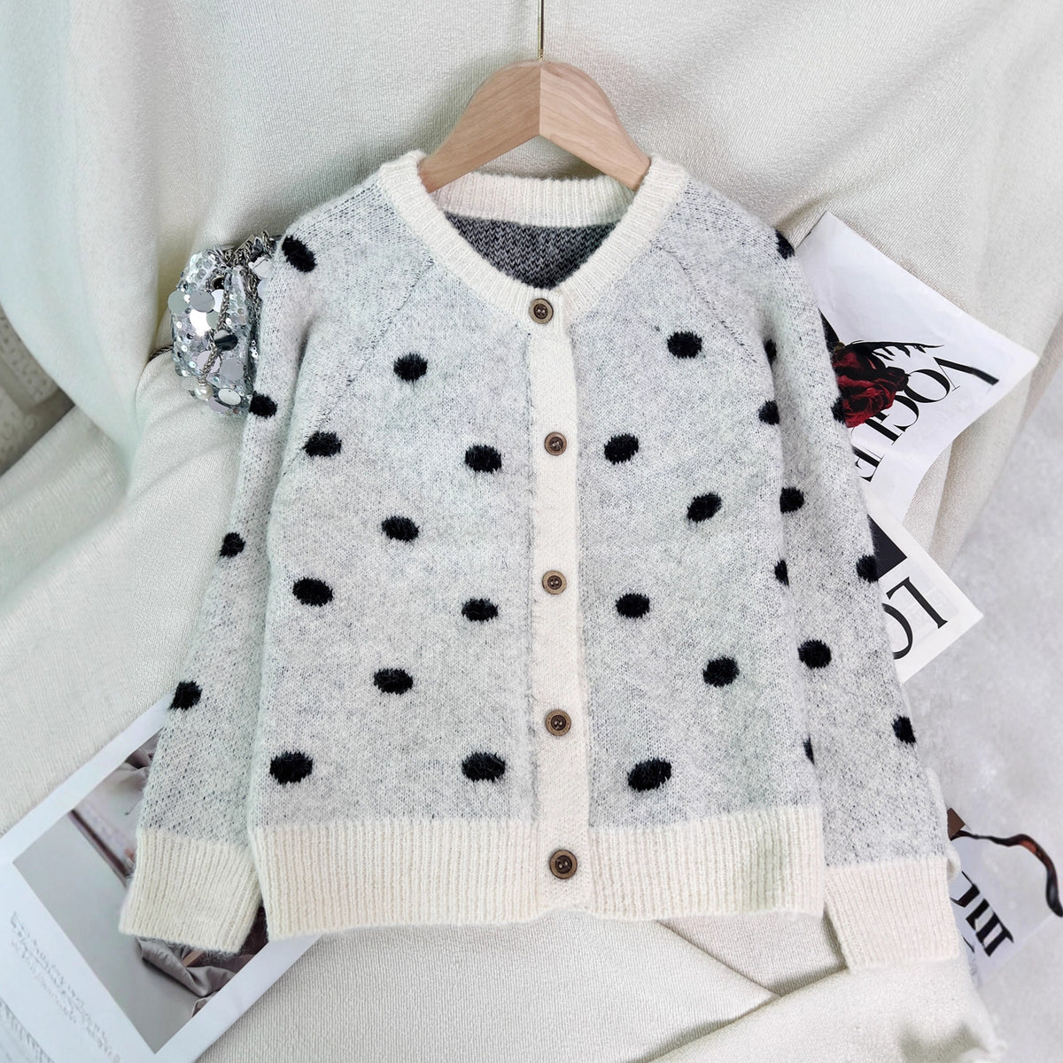Polka Dot Button Down Knit Cardigan - White