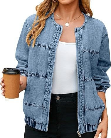 Frayed Seam Denim Bomber Jacket - Dark-Blue
