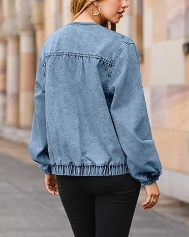 Frayed Seam Denim Bomber Jacket - Dark-Blue - 1