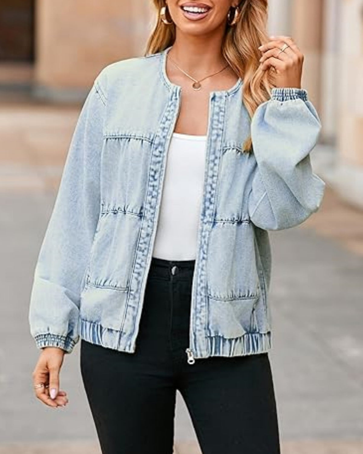 Frayed Seam Denim Bomber Jacket - Light-Blue