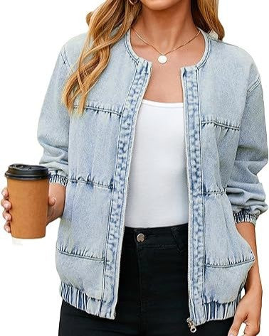 Frayed Seam Denim Bomber Jacket - Light-Blue - 1