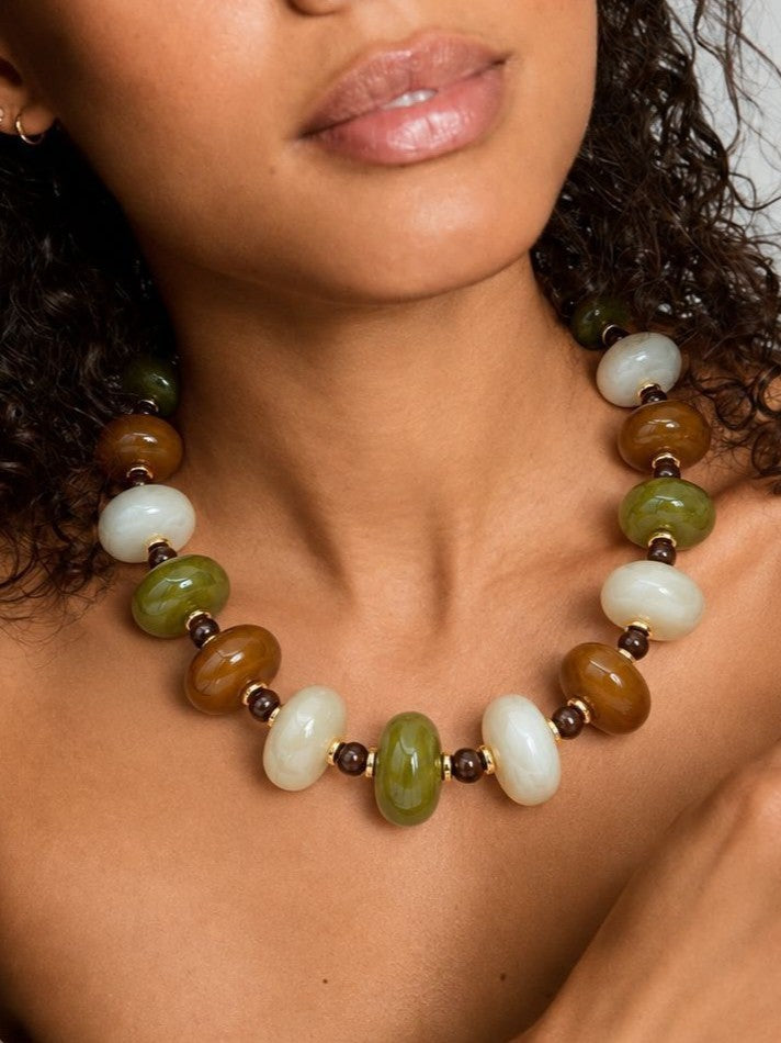 Chunky Flat Oval Bead Statement Collar Necklace - Color_01
