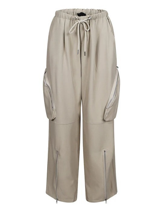 Wide Leg Parachute Pants With Zip Hems - Apricot