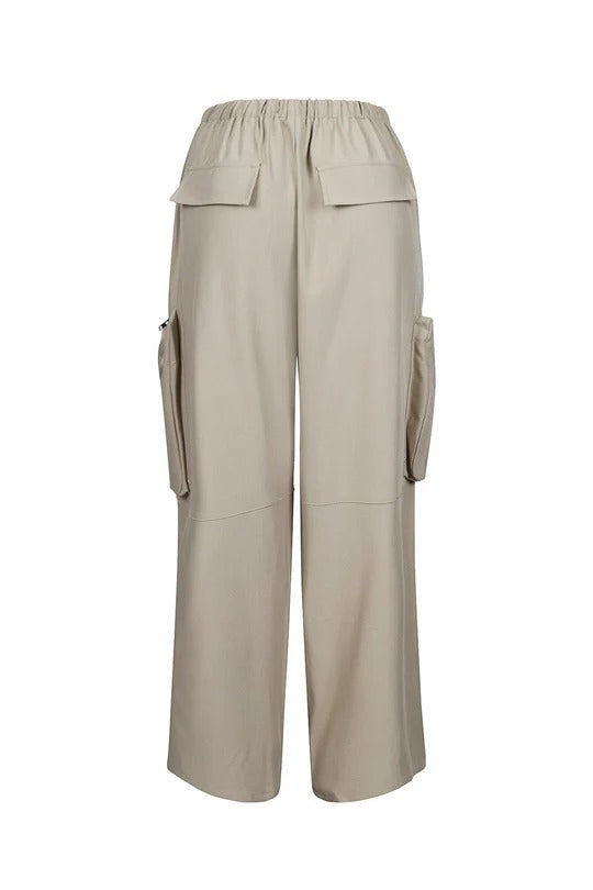 Wide Leg Parachute Pants With Zip Hems - Apricot - 1