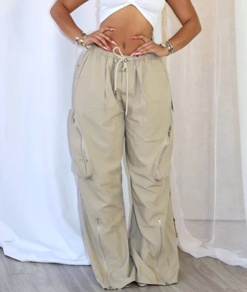 Wide Leg Parachute Pants With Zip Hems - Apricot - 2