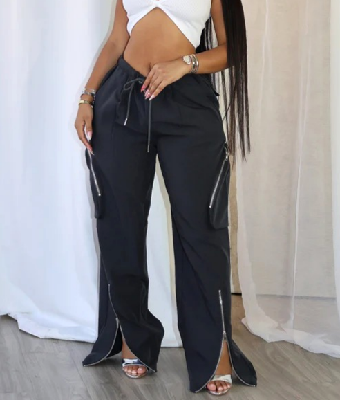 Wide Leg Parachute Pants With Zip Hems - Black