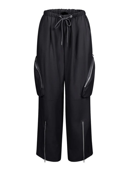 Wide Leg Parachute Pants With Zip Hems - Black - 1