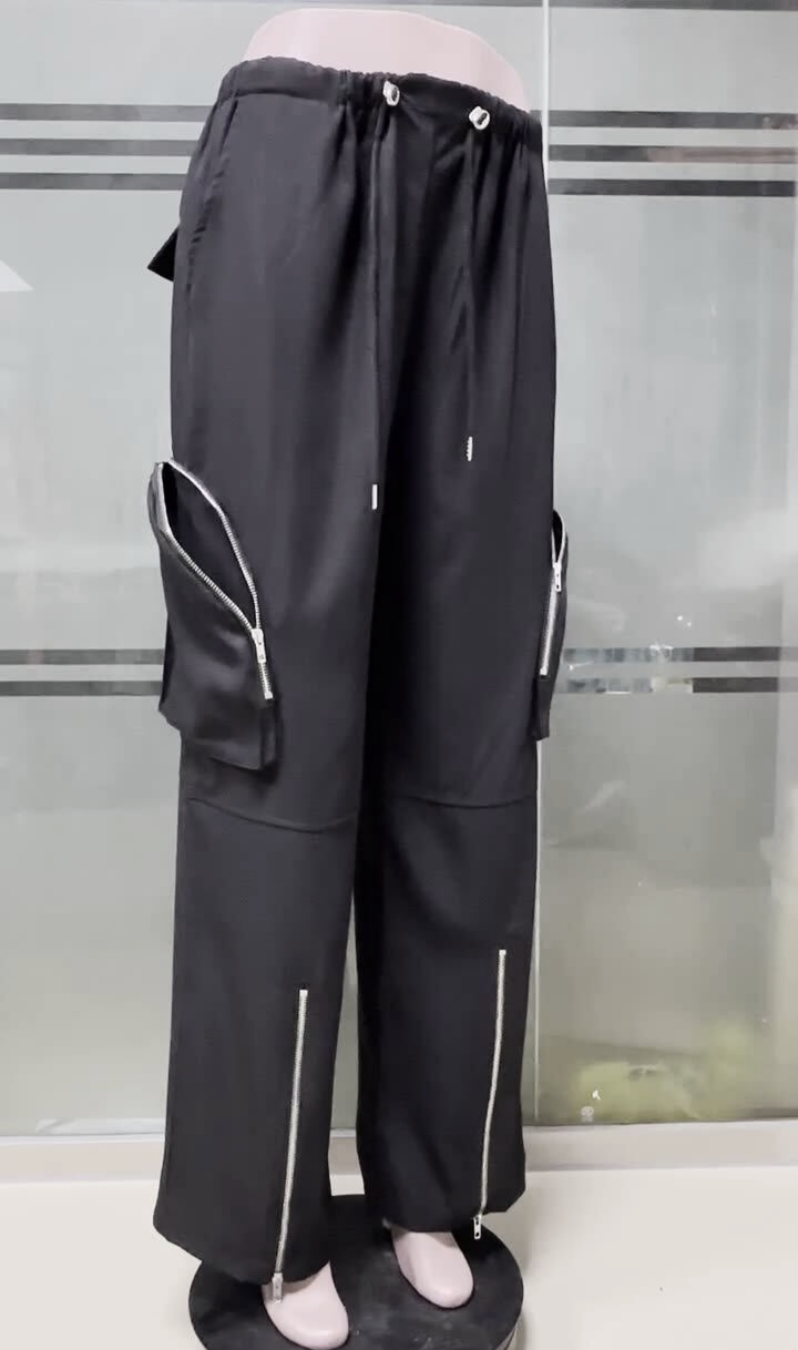 Wide Leg Parachute Pants With Zip Hems - Black - 3