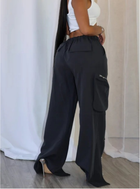 Wide Leg Parachute Pants With Zip Hems - Black - 4