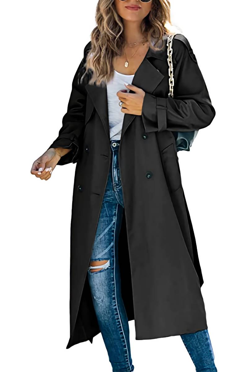 Ankle Length Double Breasted Trench Coat - Black