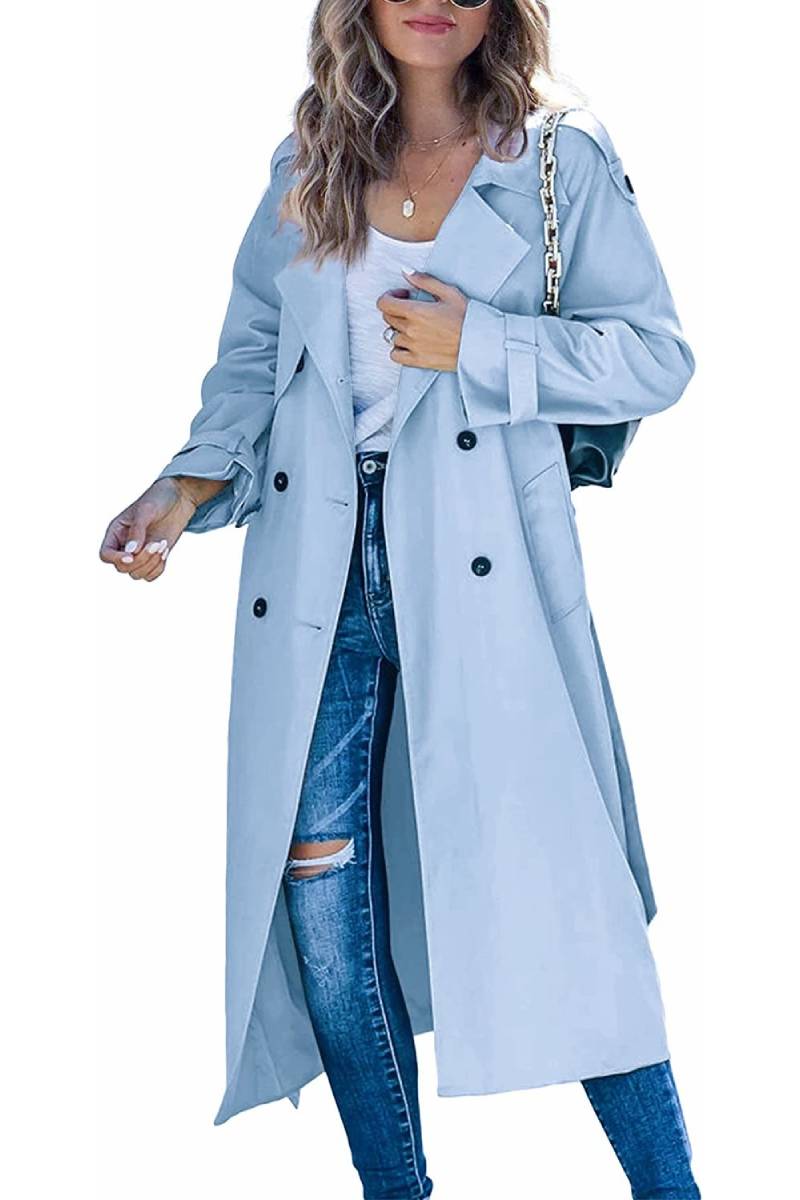 Ankle Length Double Breasted Trench Coat - Blue