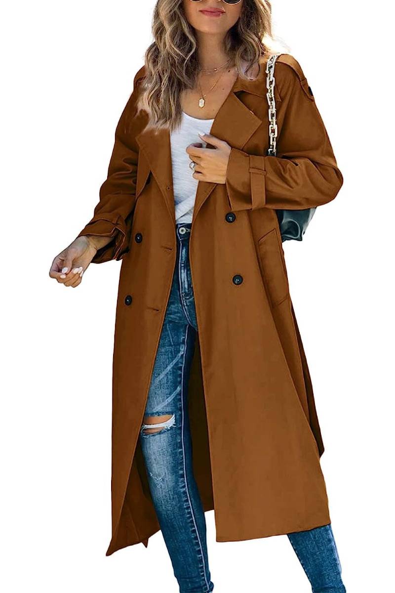 Ankle Length Double Breasted Trench Coat - Brown