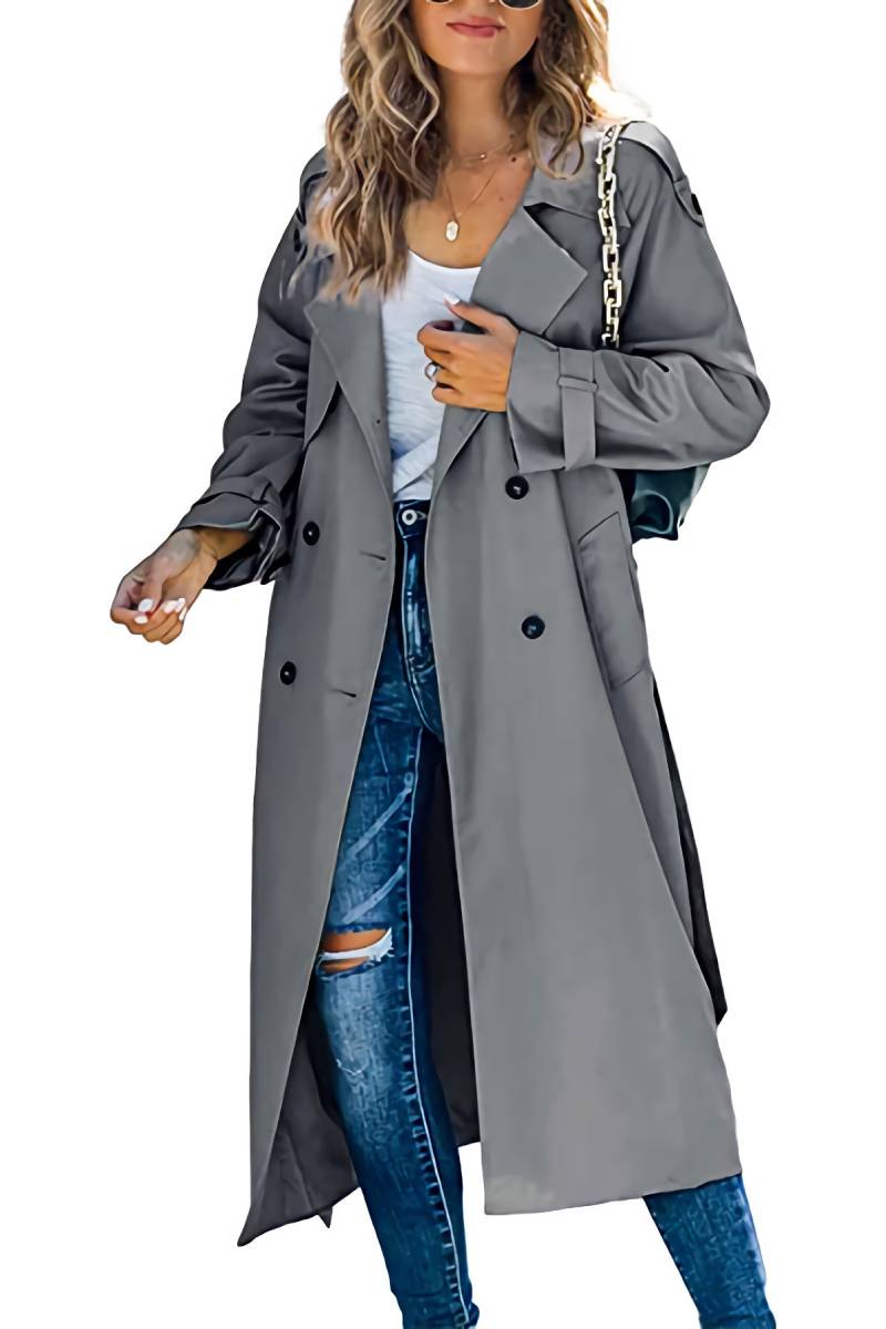 Ankle Length Double Breasted Trench Coat - Grey