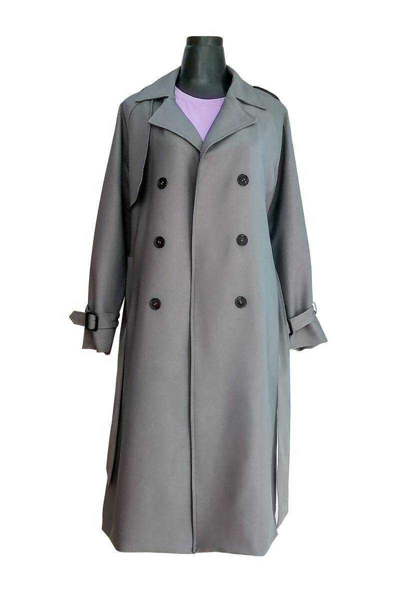 Ankle Length Double Breasted Trench Coat - Grey - 1