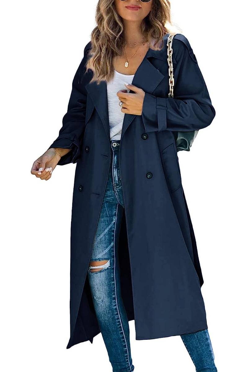 Ankle Length Double Breasted Trench Coat - Navy Blue