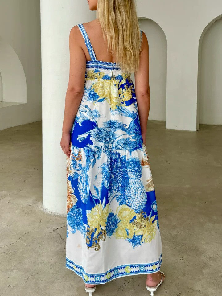 Coastal Print Square Neck Maxi Sundress - Blue - 2