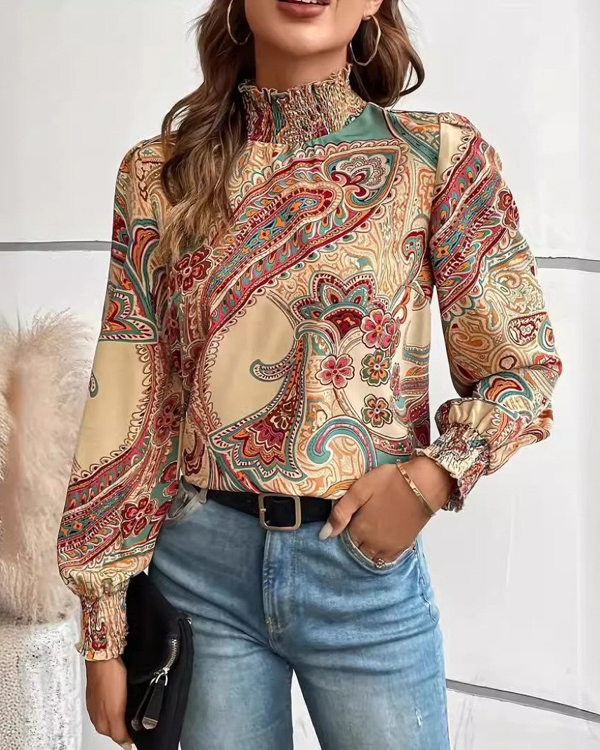 Paisley Print Smocked Mock Neck Lantern Sleeve Top - Decor