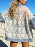 Floral Lace Panel Distressed Denim Jacket - Blue