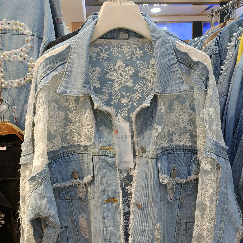 Floral Lace Panel Distressed Denim Jacket - Blue - 1