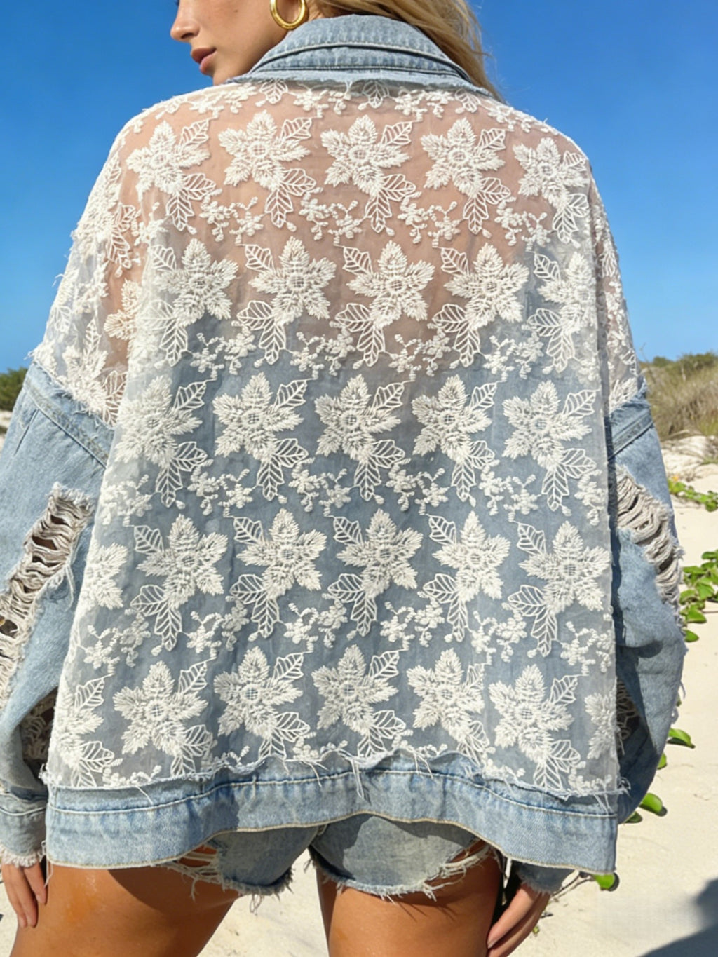 Floral Lace Panel Distressed Denim Jacket - Blue - 10