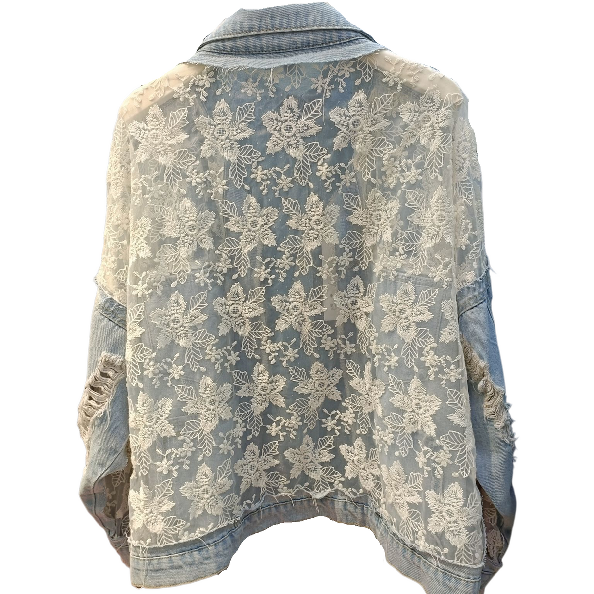 Floral Lace Panel Distressed Denim Jacket - Blue - 3