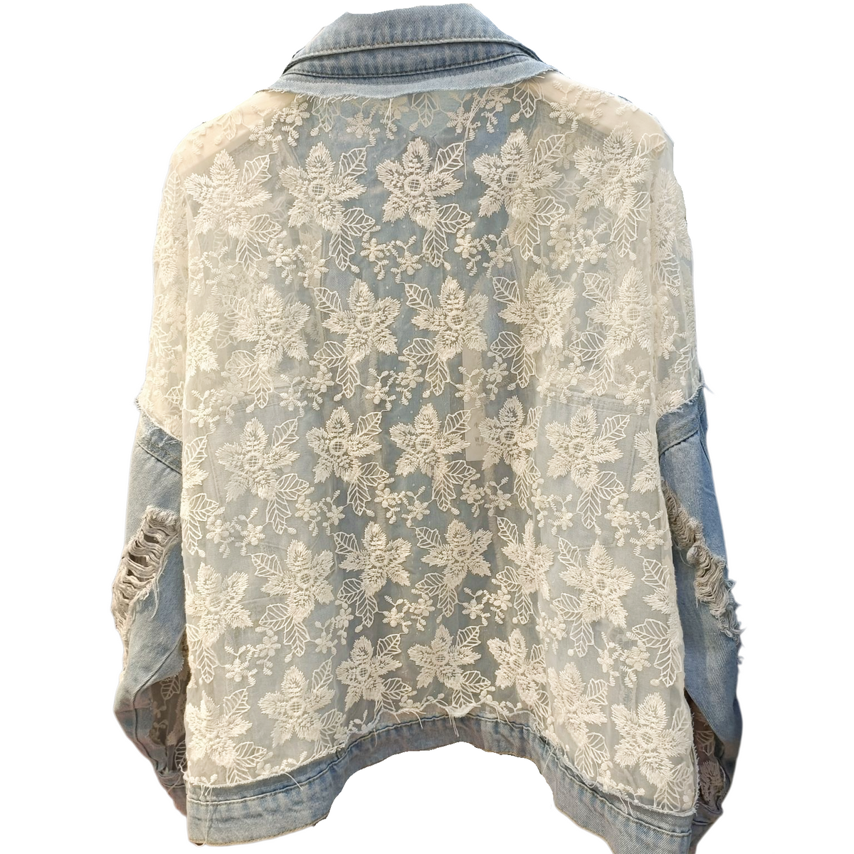 Floral Lace Panel Distressed Denim Jacket - Blue - 5
