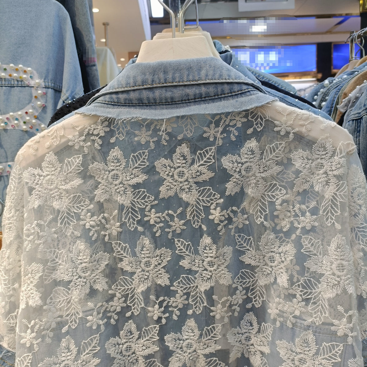 Floral Lace Panel Distressed Denim Jacket - Blue - 9
