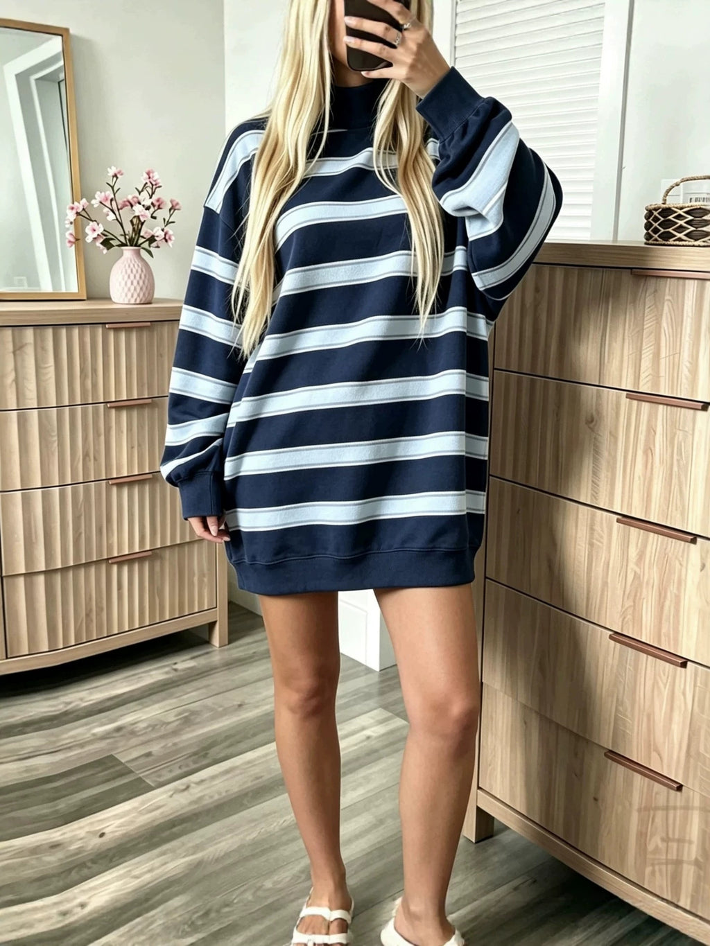 Striped Oversized Sweatshirt Mini Dress Long Sleeve - Dark_Blue