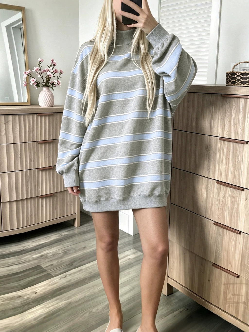 Striped Oversized Sweatshirt Mini Dress Long Sleeve - Grey