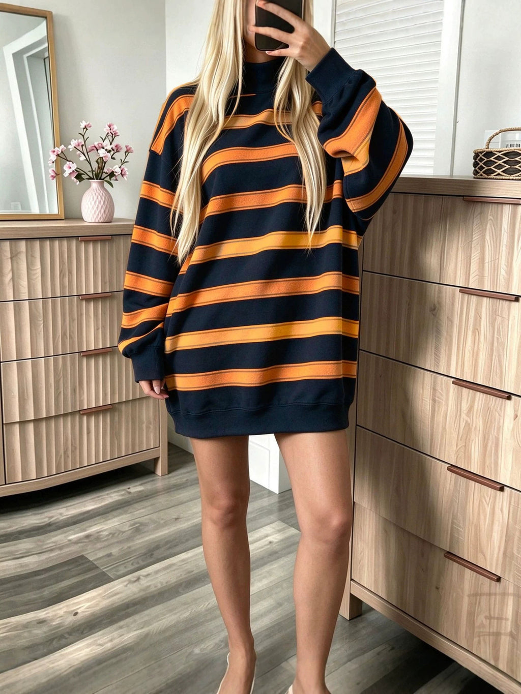 Striped Oversized Sweatshirt Mini Dress Long Sleeve - Orange