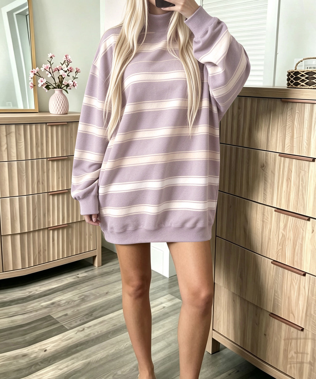 Striped Oversized Sweatshirt Mini Dress Long Sleeve - Purple