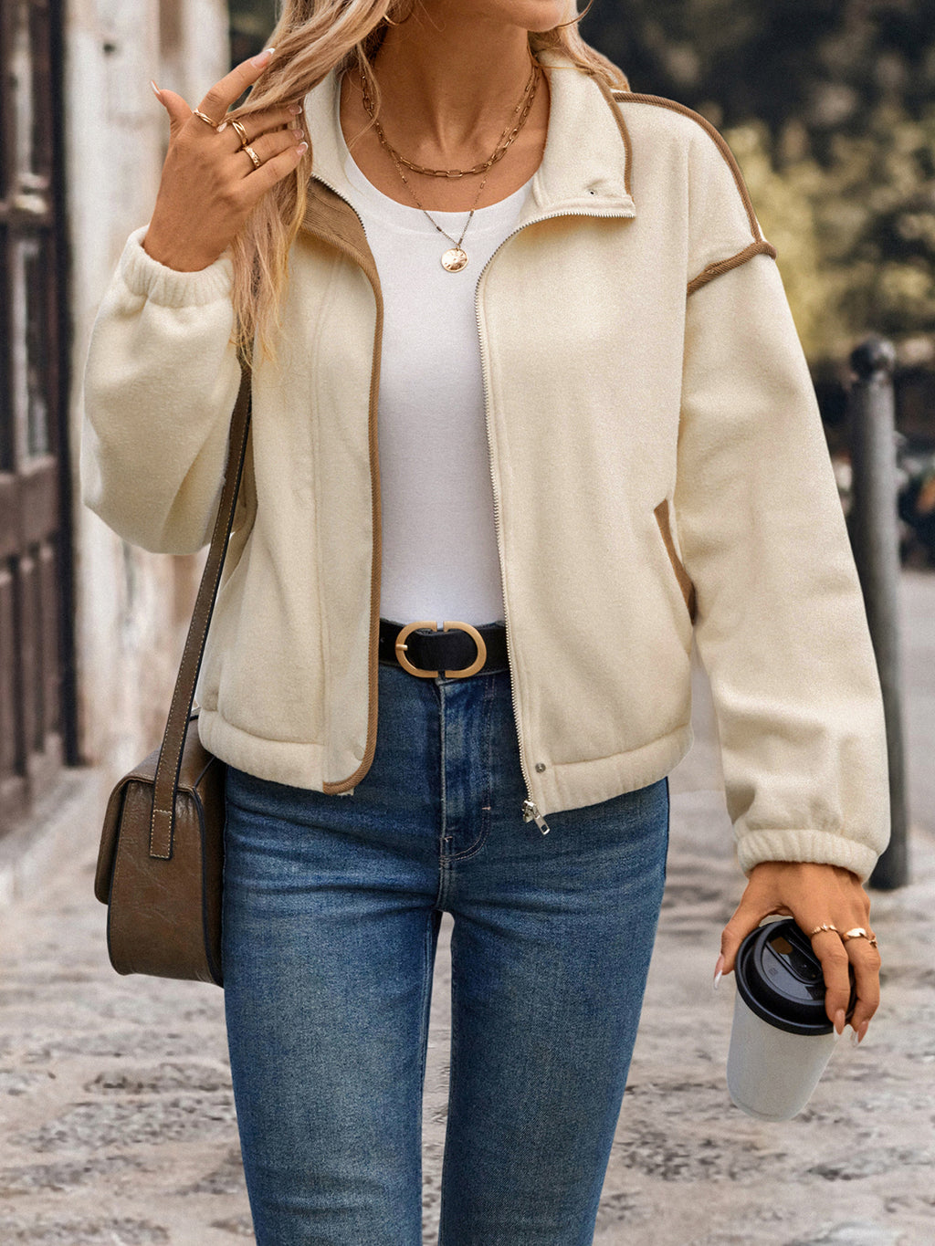Contrast Trim Zip Up Fleece Jacket - Apricot