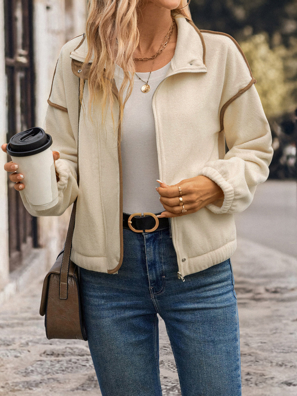 Contrast Trim Zip Up Fleece Jacket