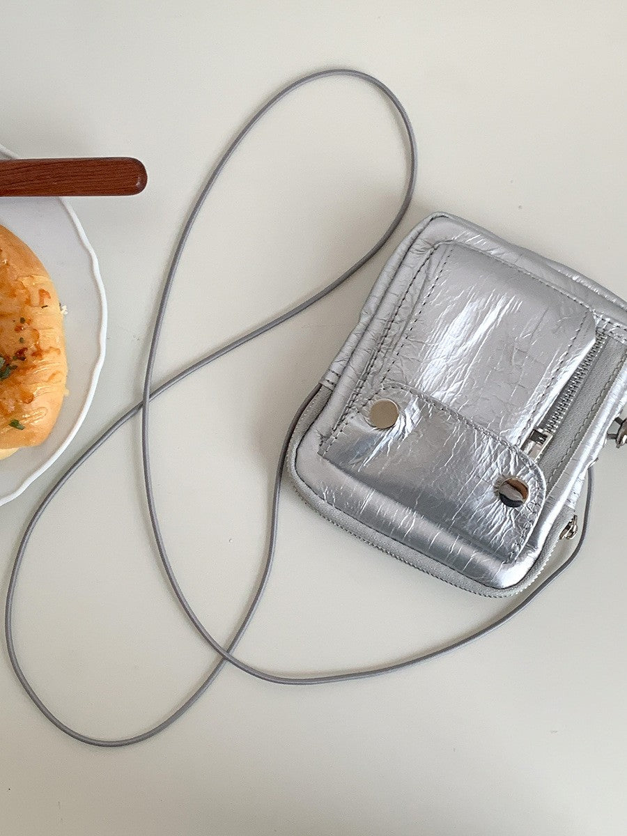 Metallic Crinkle Mini Crossbody Phone Bag - Silver