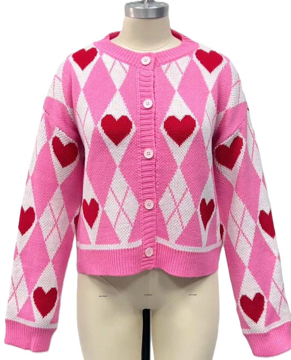 Heart Argyle Button Front Cropped Cardigan - Rosered