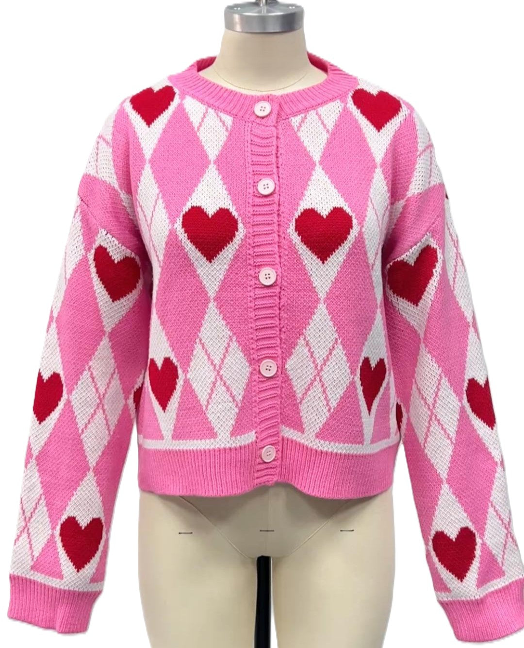 Heart Argyle Button Front Cropped Cardigan - Rosered