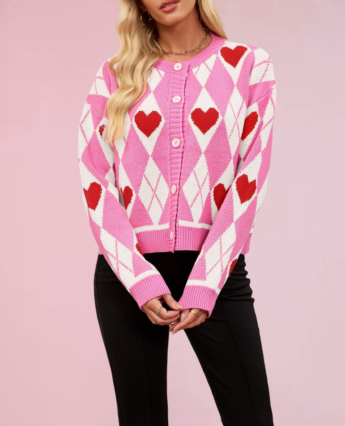 Heart Argyle Button Front Cropped Cardigan - Rosered - 1