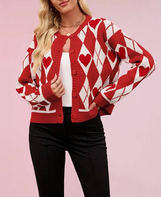 Heart Argyle Button Front Cropped Cardigan