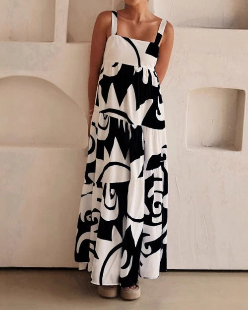 Abstract Print Tiered Maxi Slip Dress - Black