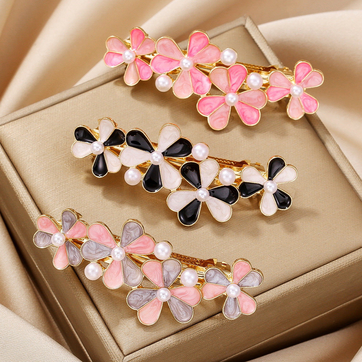 Enamel Flower Pearl Spring Hair Clip